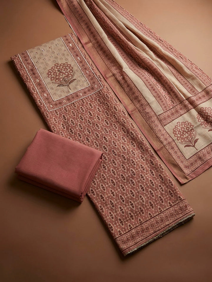 Onion Pink Linen Blend Printed Unstitched Dress Material
