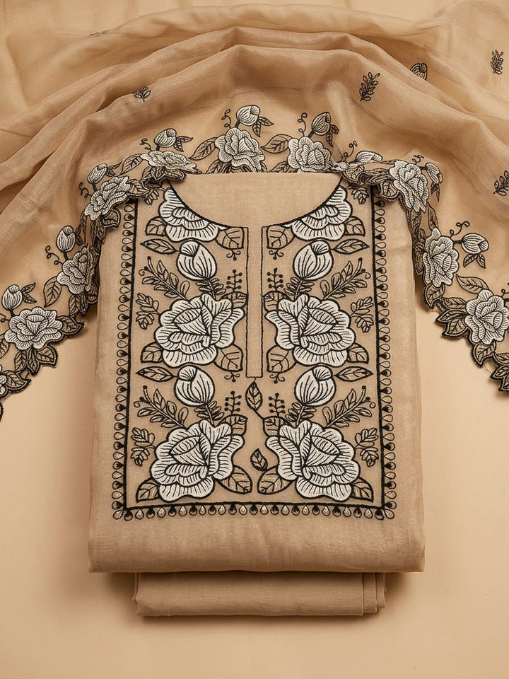 Beige Chanderi Embroidered Unstitched Dress Material