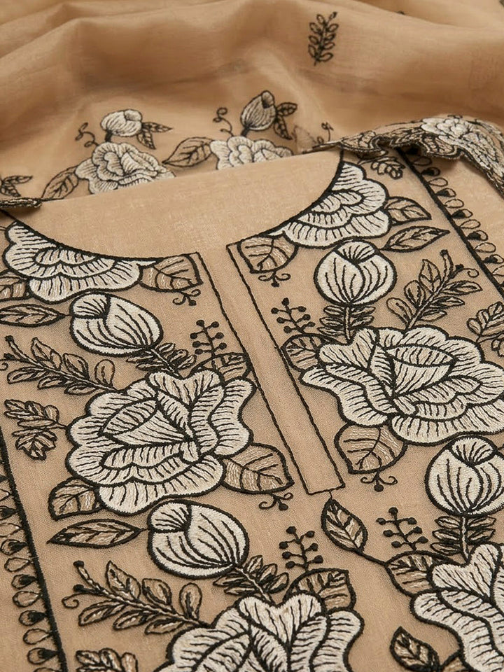 Beige Chanderi Embroidered Unstitched Dress Material