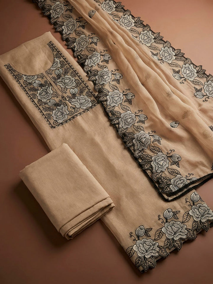 Beige Chanderi Embroidered Unstitched Dress Material