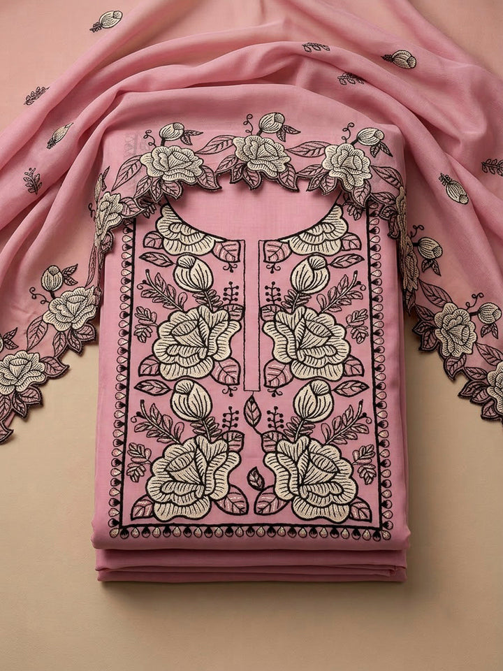 Pink Chanderi Embroidered Unstitched Dress Material