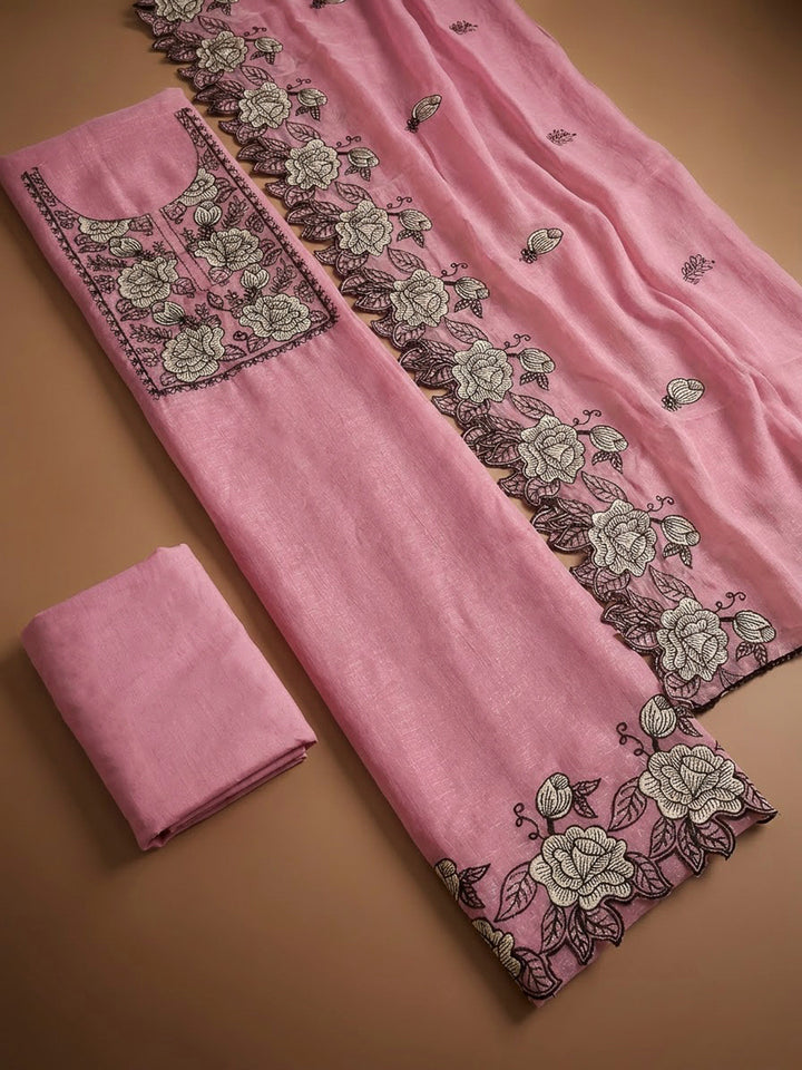 Pink Chanderi Embroidered Unstitched Dress Material