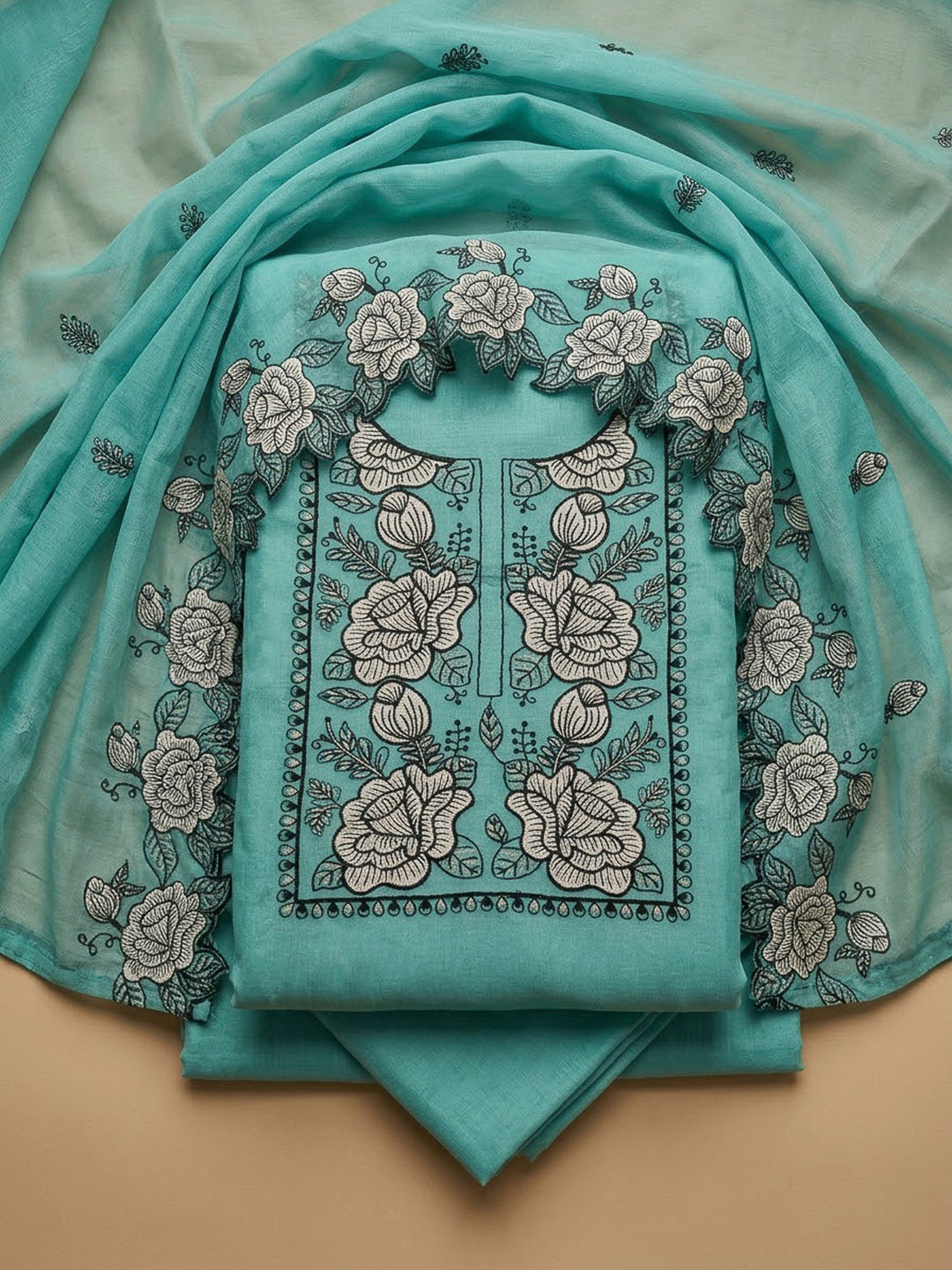 Sky Blue Chanderi Embroidered Unstitched Dress Material
