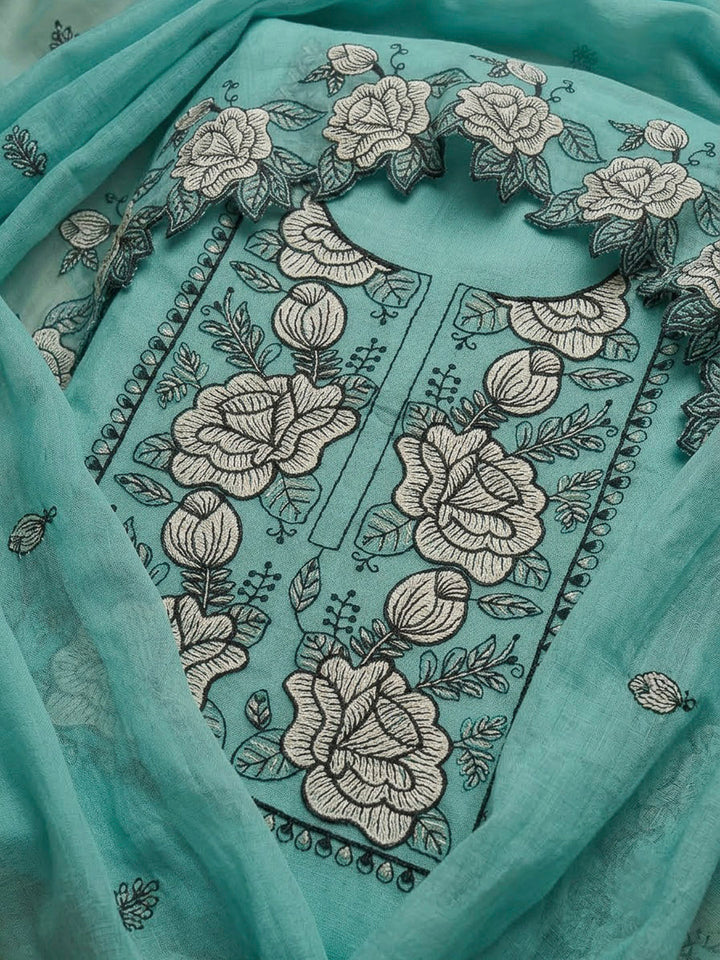 Sky Blue Chanderi Embroidered Unstitched Dress Material