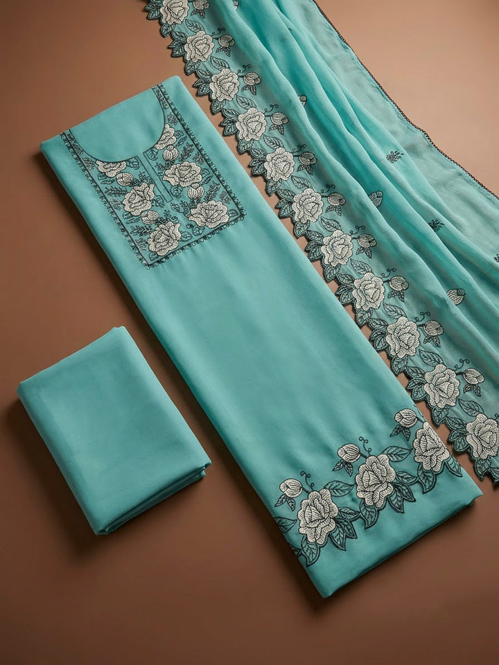 Sky Blue Chanderi Embroidered Unstitched Dress Material