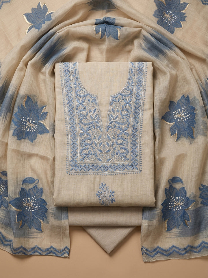 Cream Embroidery Chanderi Unstitched Dress Material