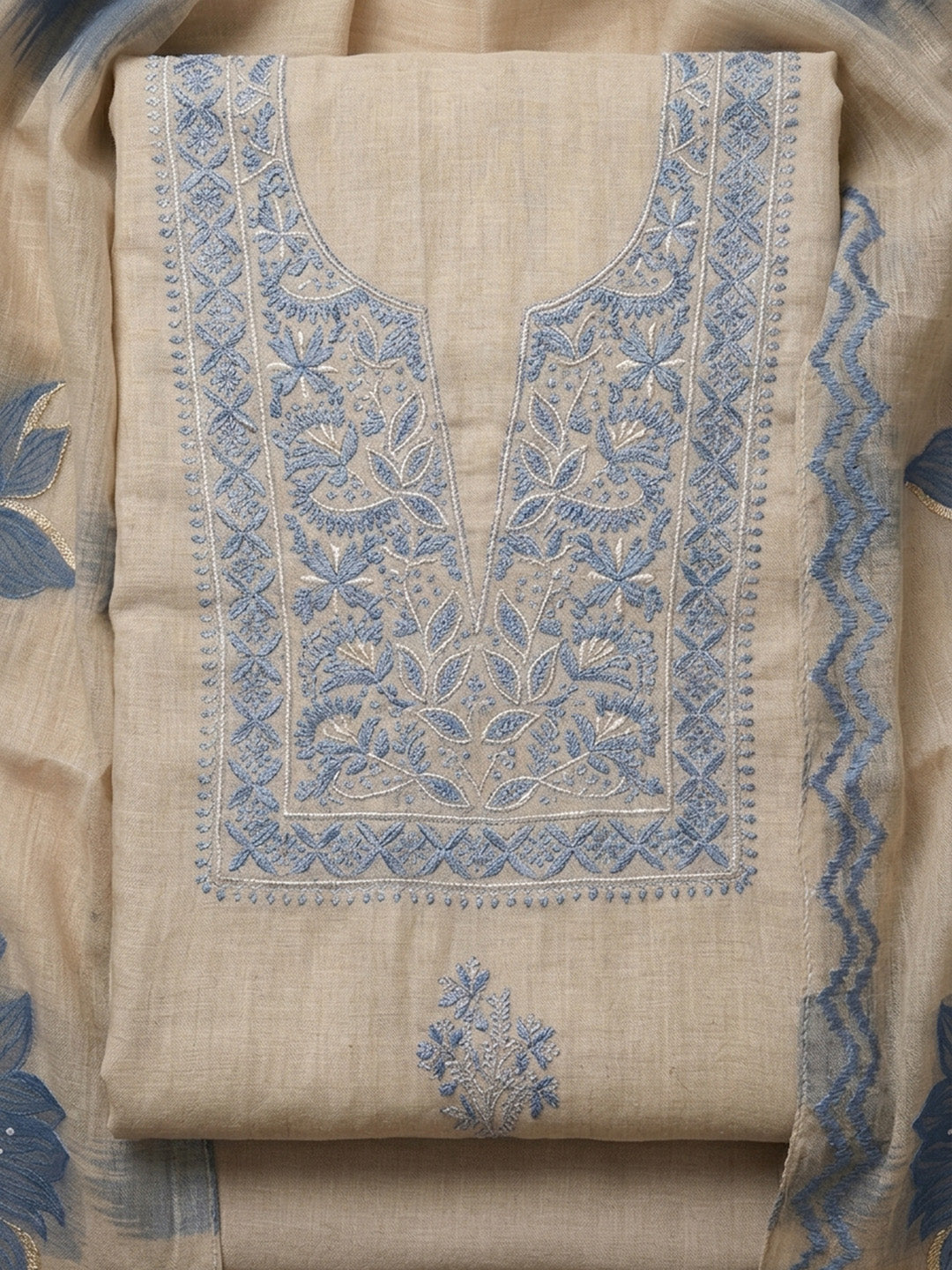 Cream Embroidery Chanderi Unstitched Dress Material