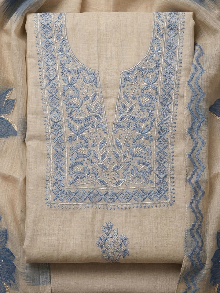 Cream Embroidery Chanderi Unstitched Dress Material