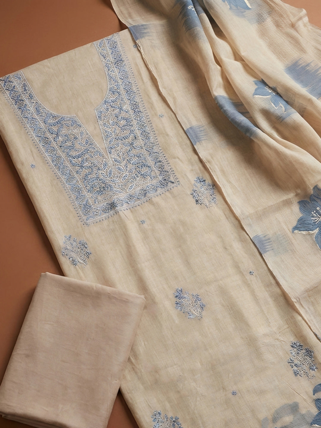 Cream Embroidery Chanderi Unstitched Dress Material