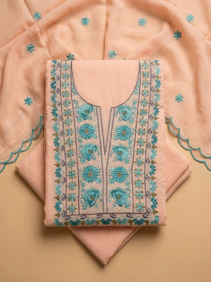 Peach Chanderi Embroidered Unstitched Dress Material