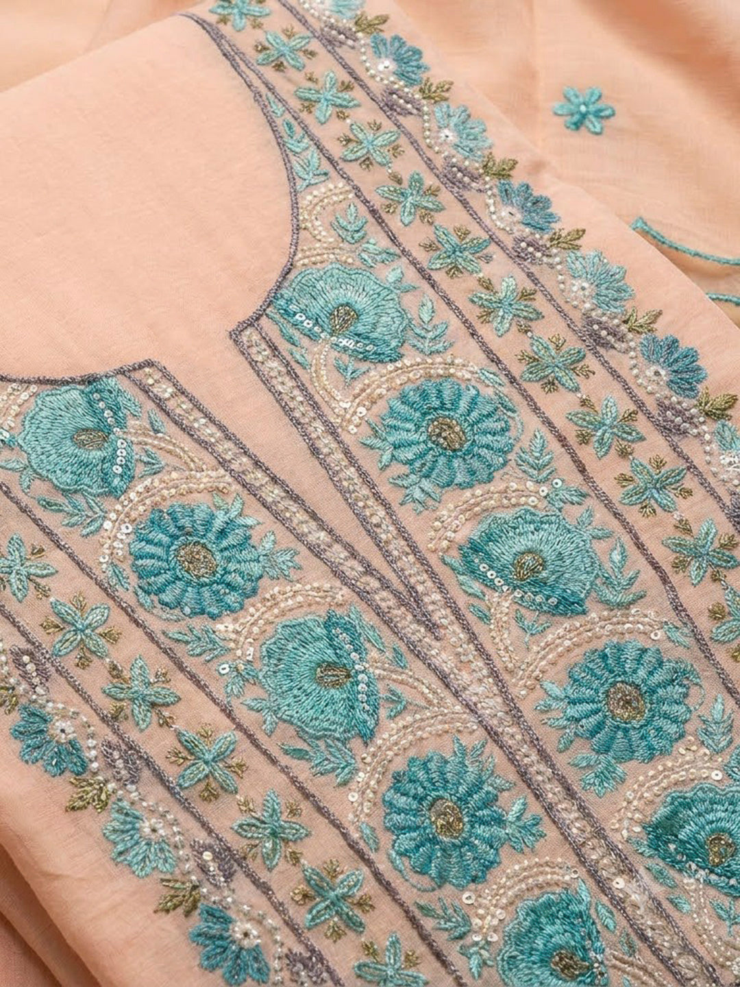 Peach Chanderi Embroidered Unstitched Dress Material