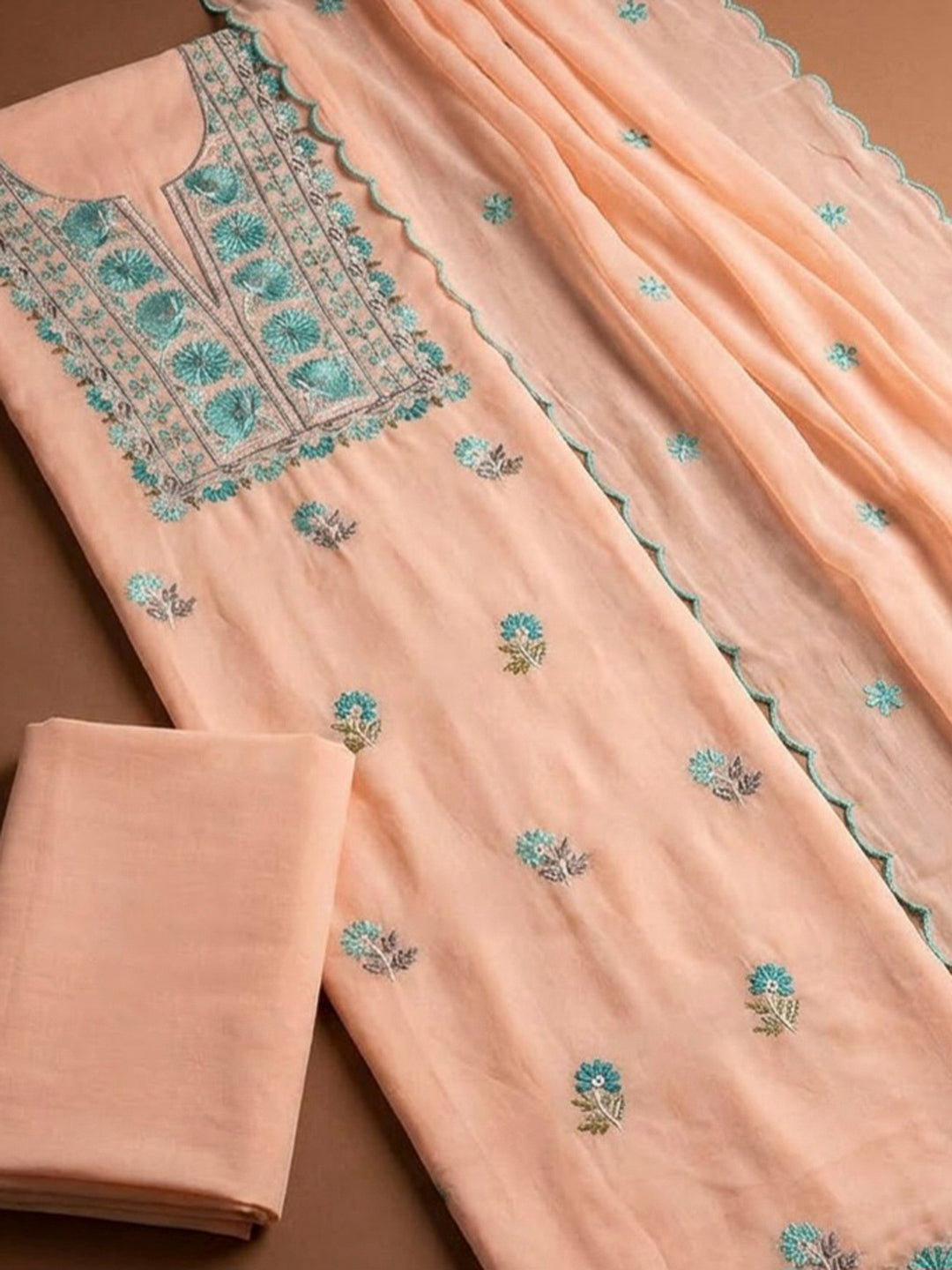 Peach Chanderi Embroidered Unstitched Dress Material