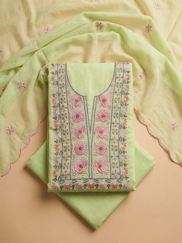 Pista Green Chanderi Embroidered Unstitched Dress Material