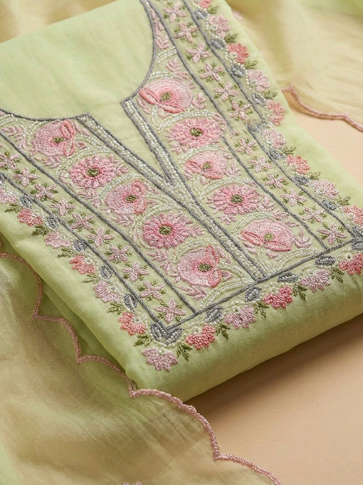 Pista Green Chanderi Embroidered Unstitched Dress Material