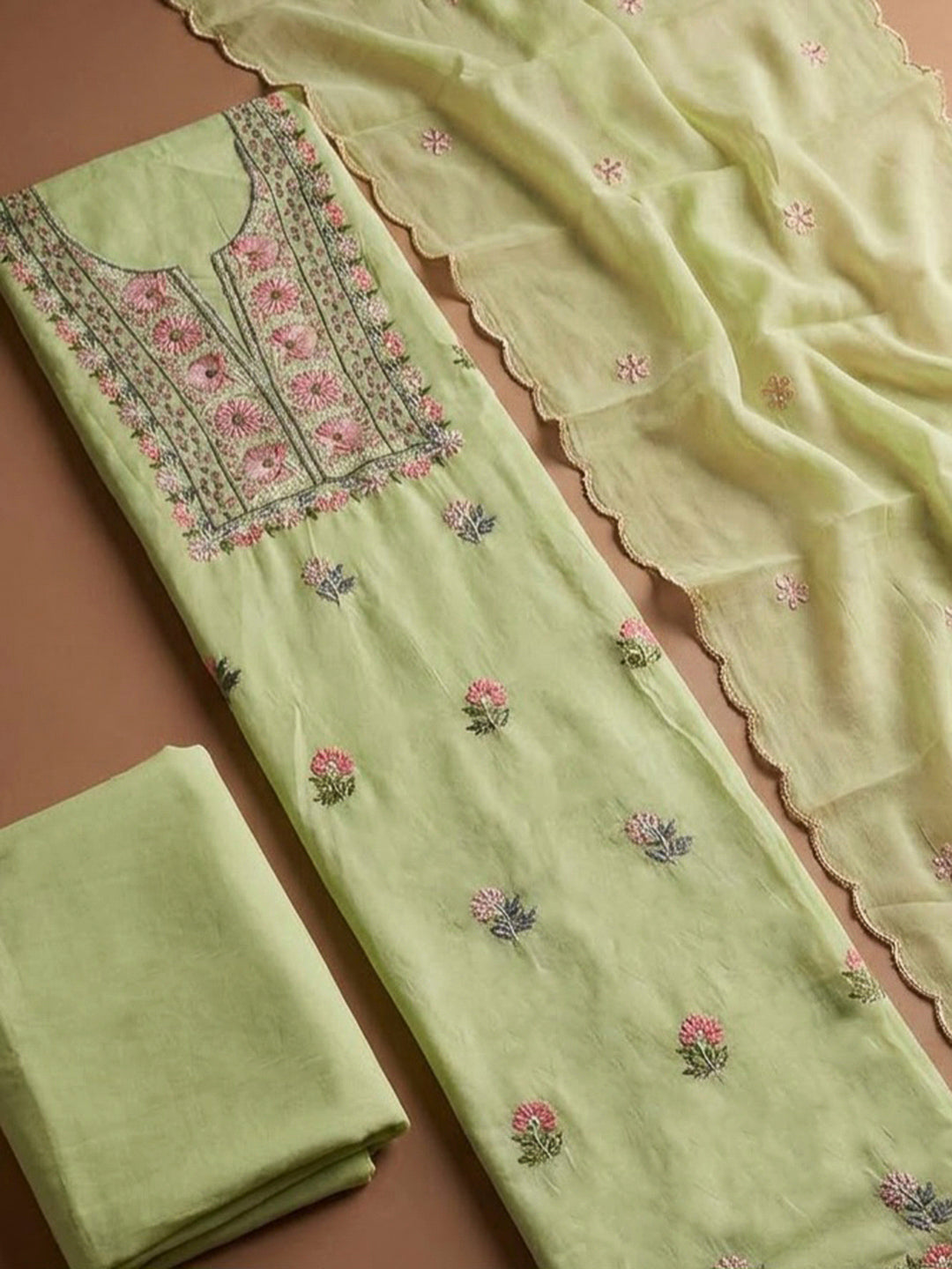 Pista Green Chanderi Embroidered Unstitched Dress Material