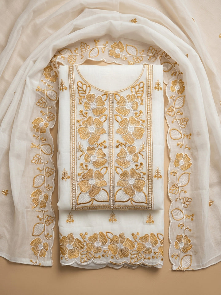 Off White Beige Printed Chanderi Unstitched Dress Material