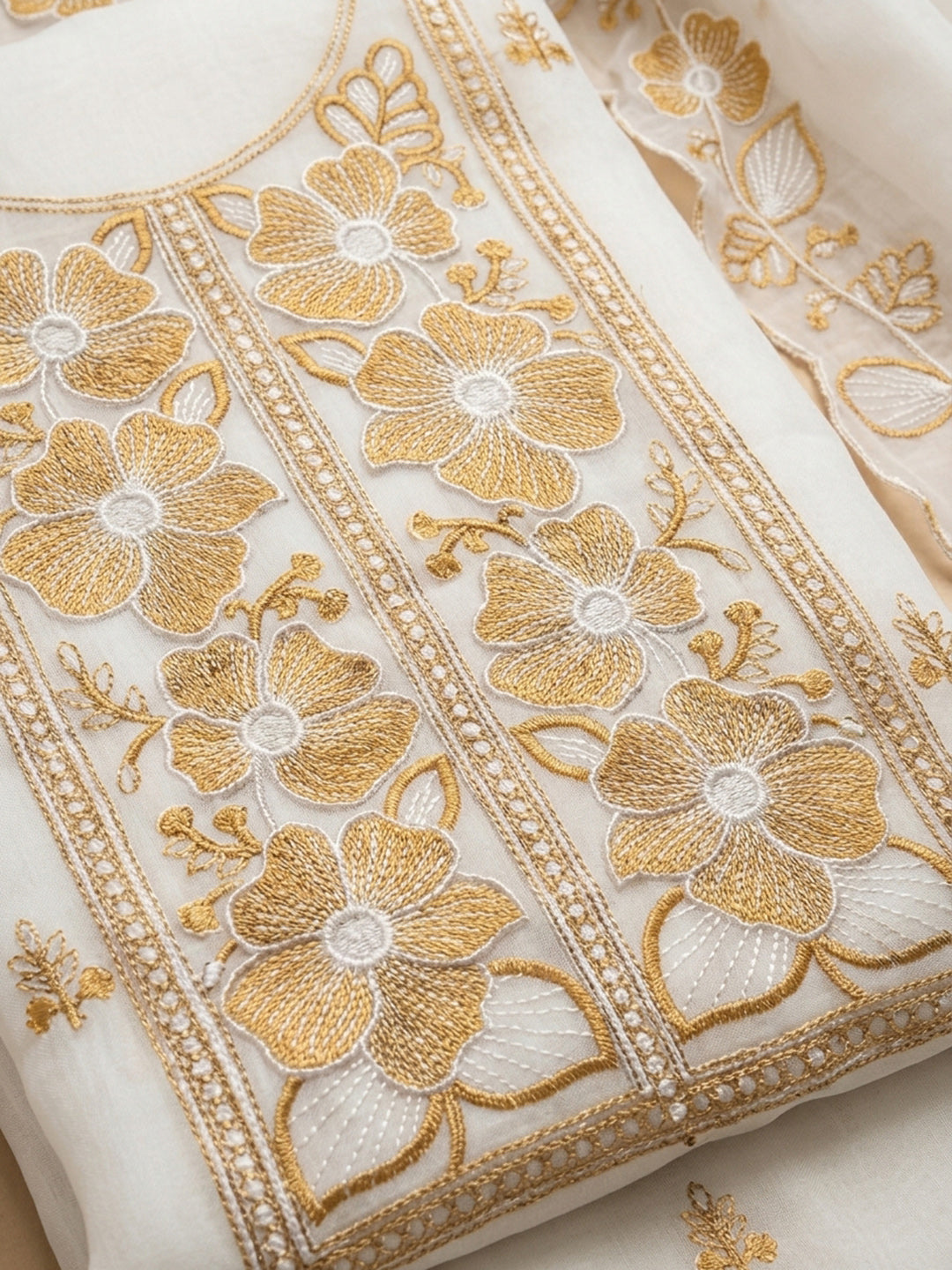Off White Beige Printed Chanderi Unstitched Dress Material