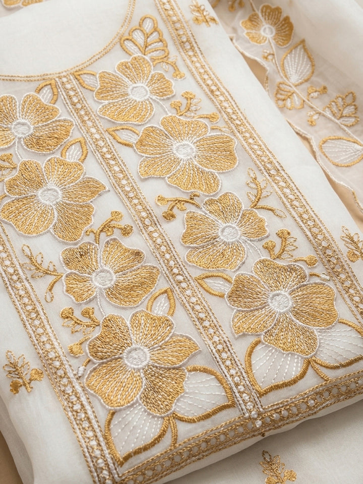 Off White Beige Printed Chanderi Unstitched Dress Material