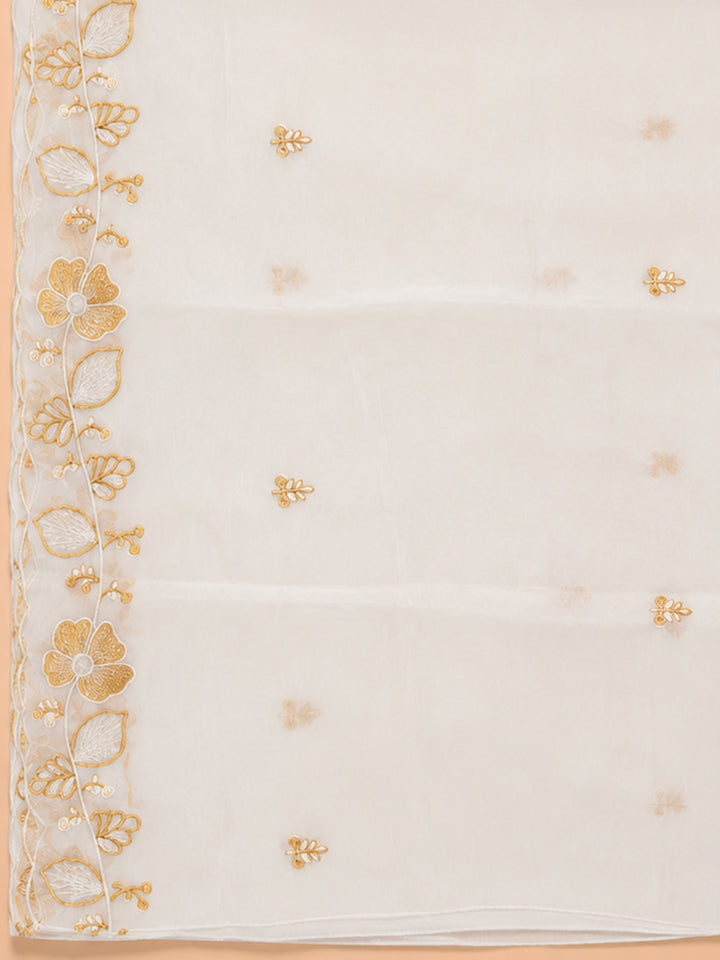 Off White Beige Printed Chanderi Unstitched Dress Material