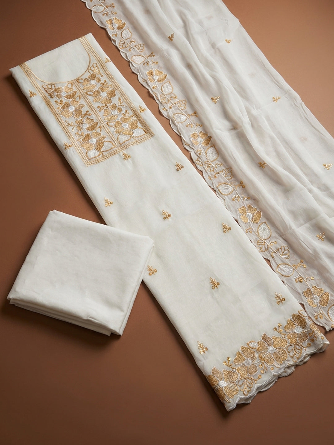 Off White Beige Printed Chanderi Unstitched Dress Material