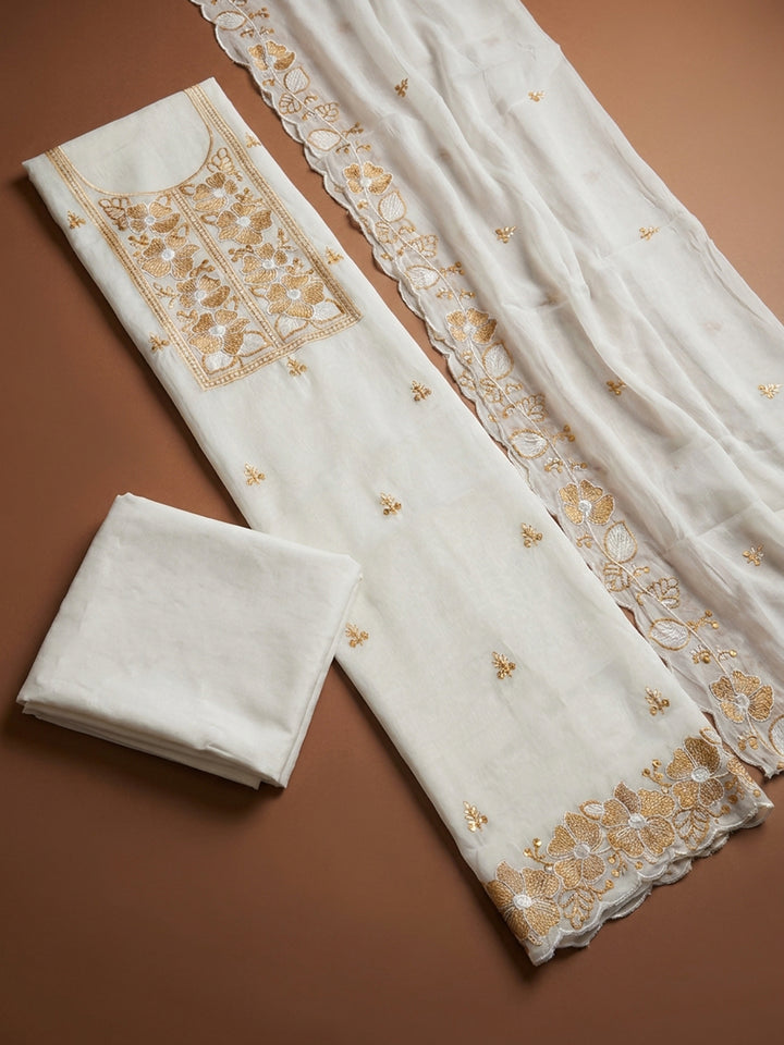Off White Beige Printed Chanderi Unstitched Dress Material