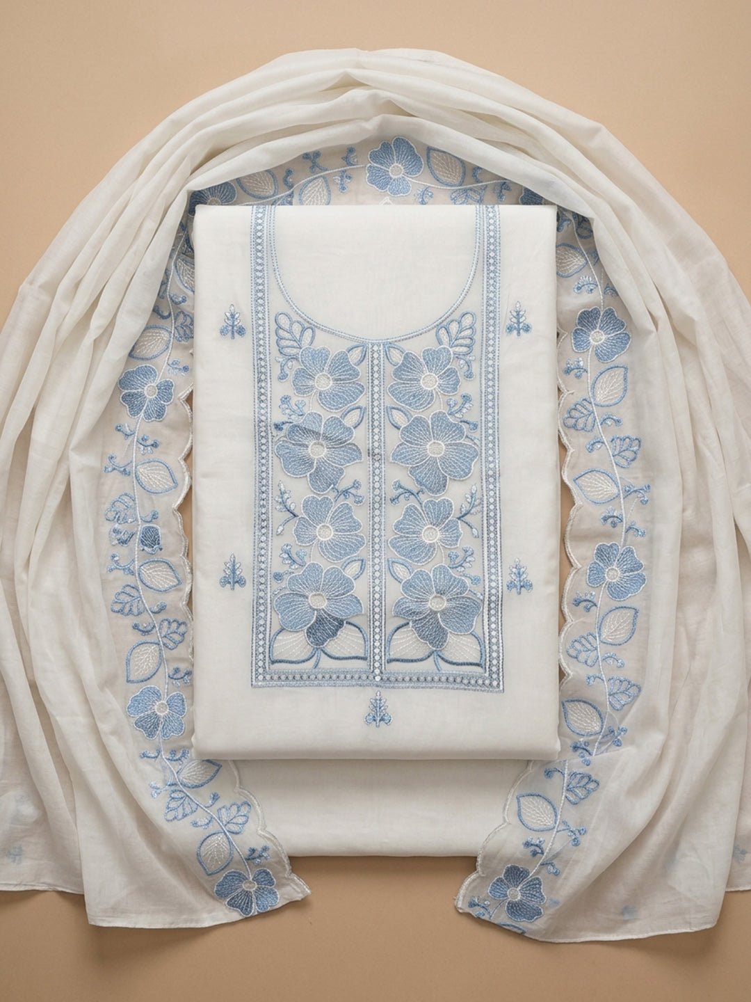 Off White Blue Printed Chanderi Unstitched Dress Material
