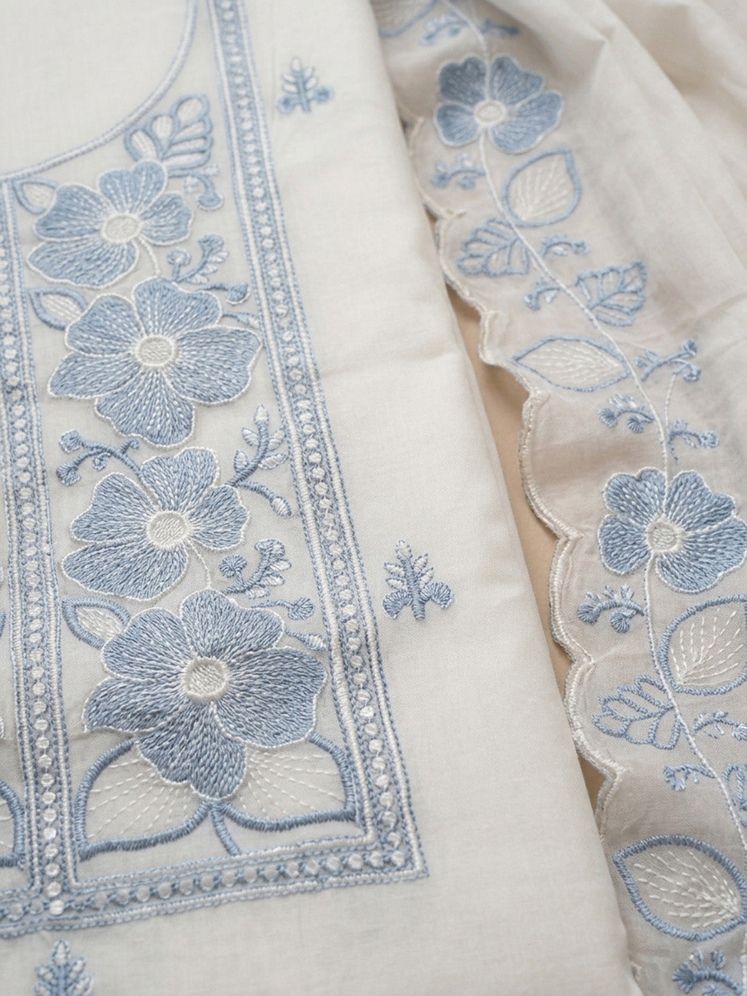 Off White Blue Printed Chanderi Unstitched Dress Material
