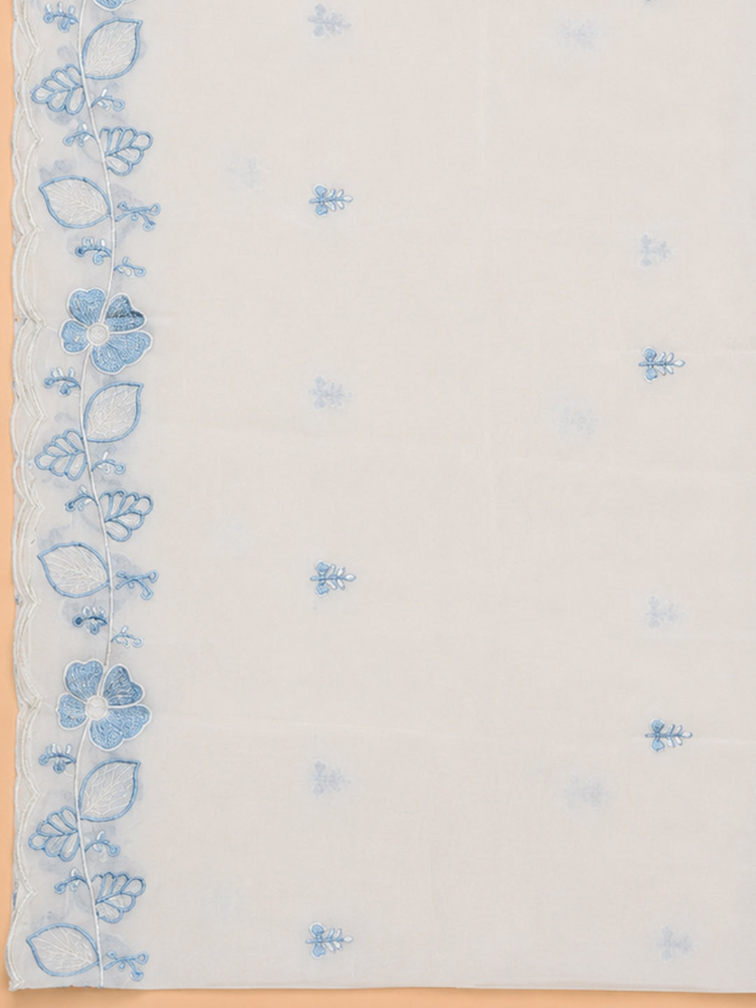 Off White Blue Printed Chanderi Unstitched Dress Material