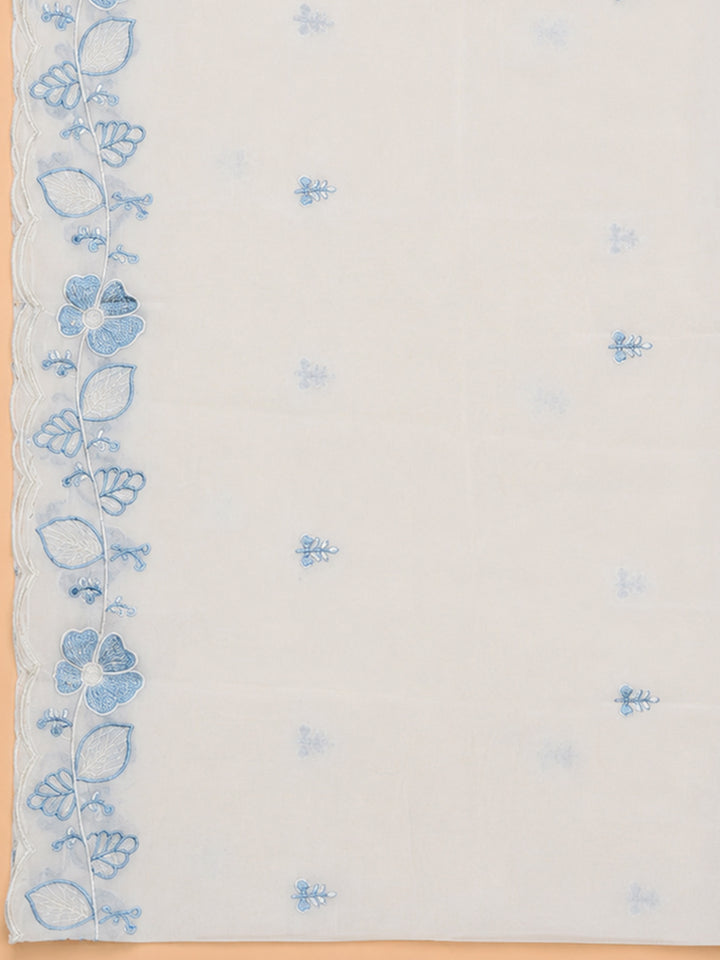 Off White Blue Printed Chanderi Unstitched Dress Material