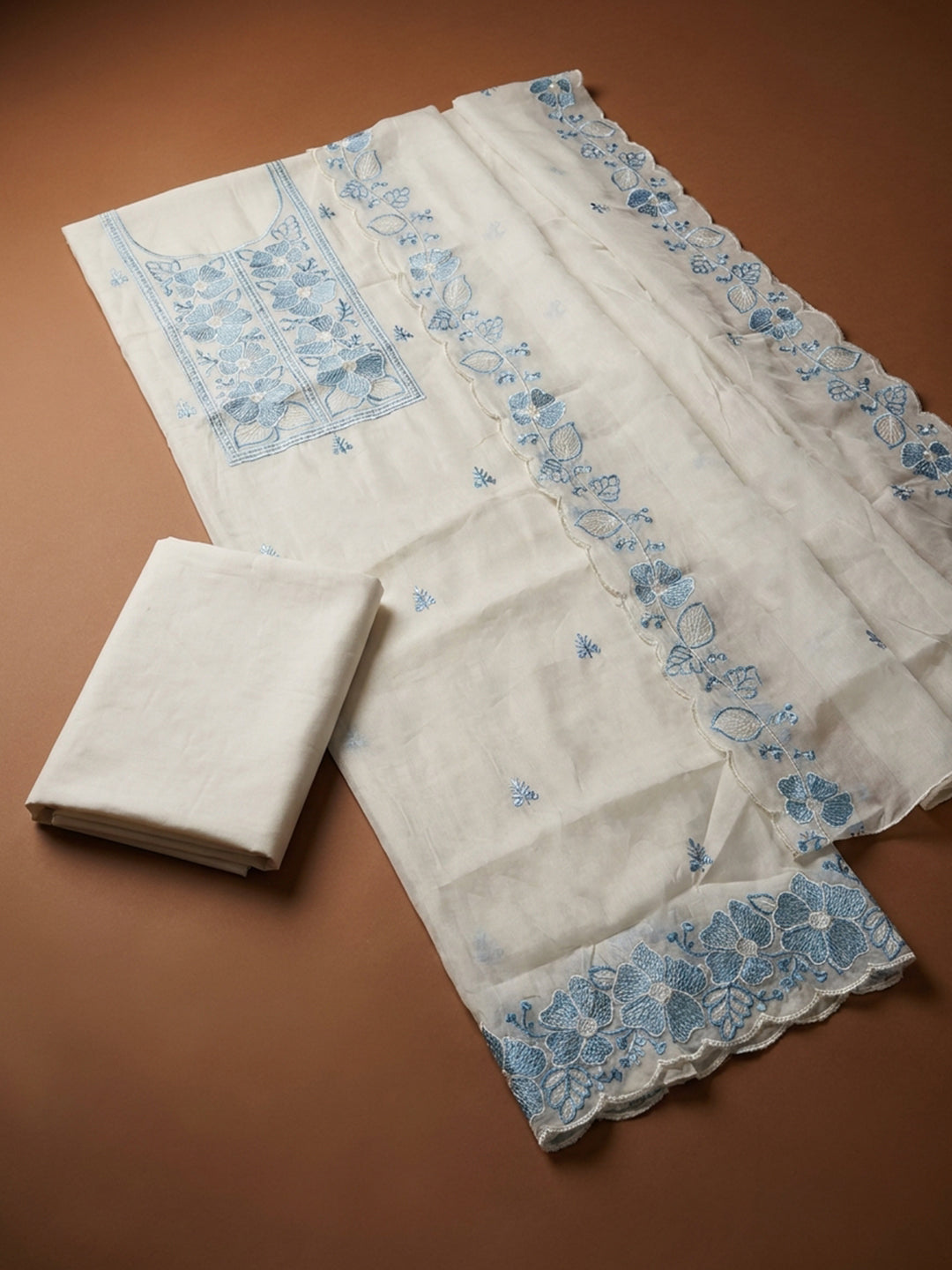 Off White Blue Printed Chanderi Unstitched Dress Material