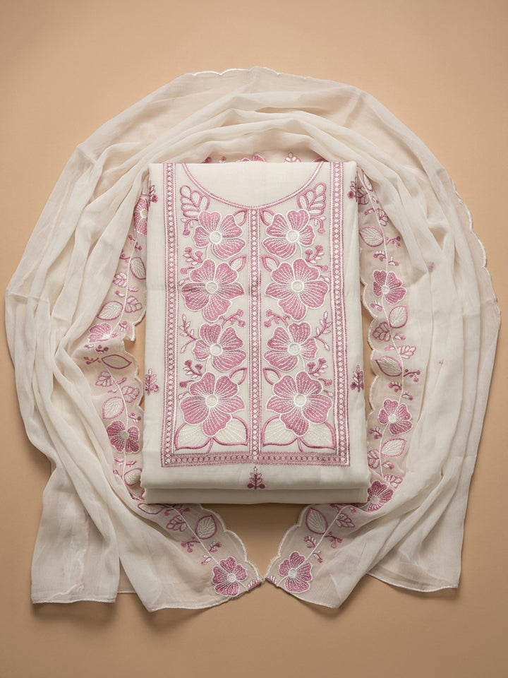 Off White Pink Printed Chanderi Unstitched Dress Material