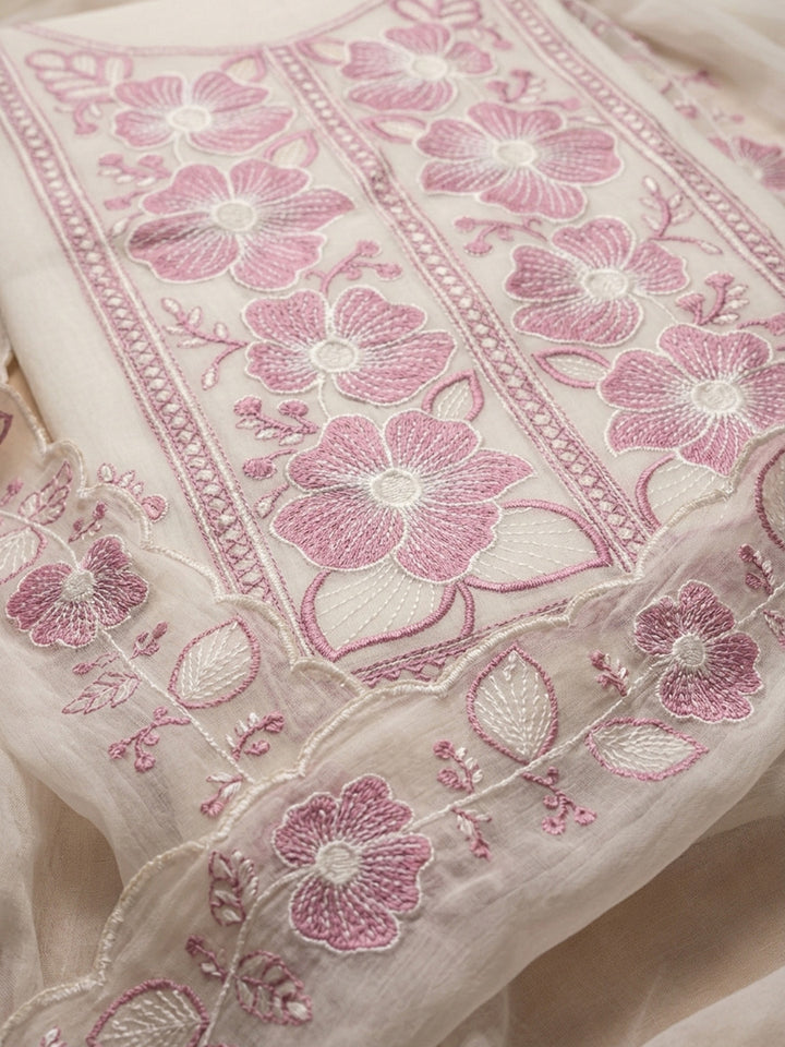 Off White Pink Printed Chanderi Unstitched Dress Material