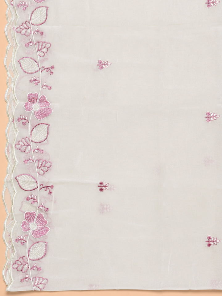 Off White Pink Printed Chanderi Unstitched Dress Material