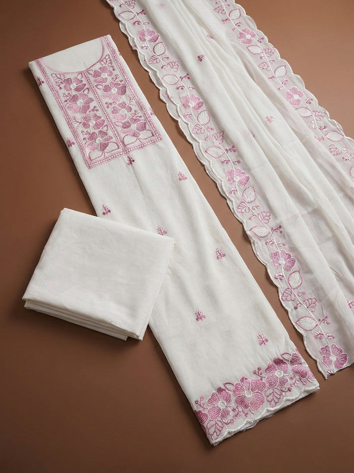 Off White Pink Printed Chanderi Unstitched Dress Material