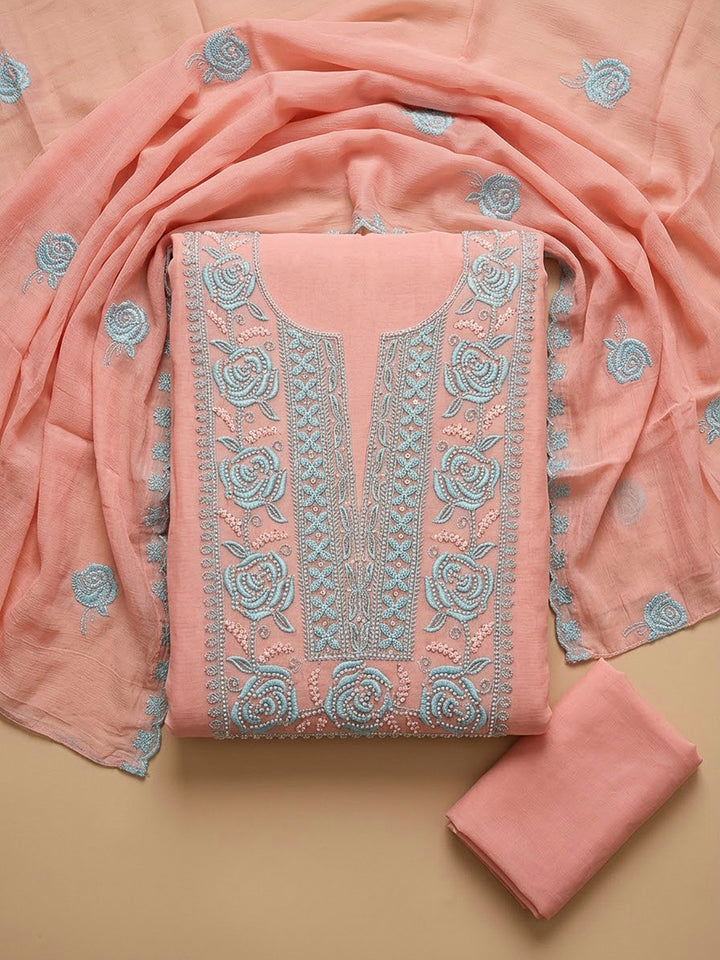 Peach Chanderi Embroidered Unstitched Dress Material