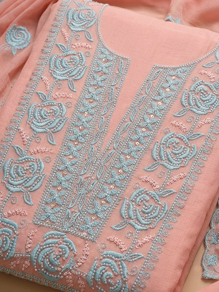 Peach Chanderi Embroidered Unstitched Dress Material