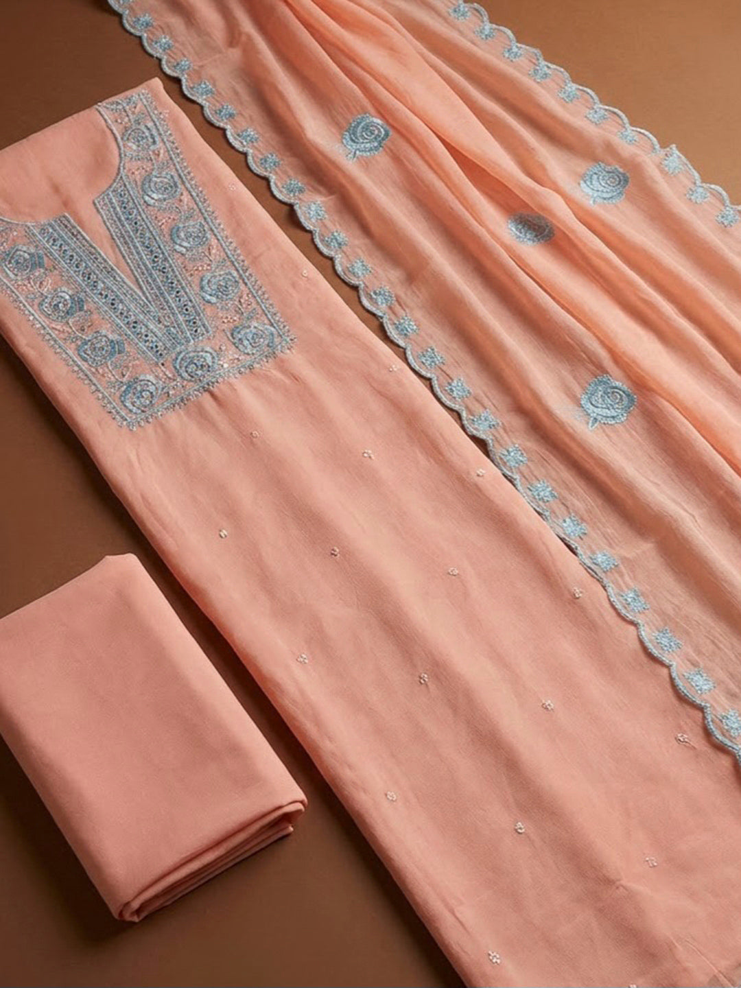 Peach Chanderi Embroidered Unstitched Dress Material