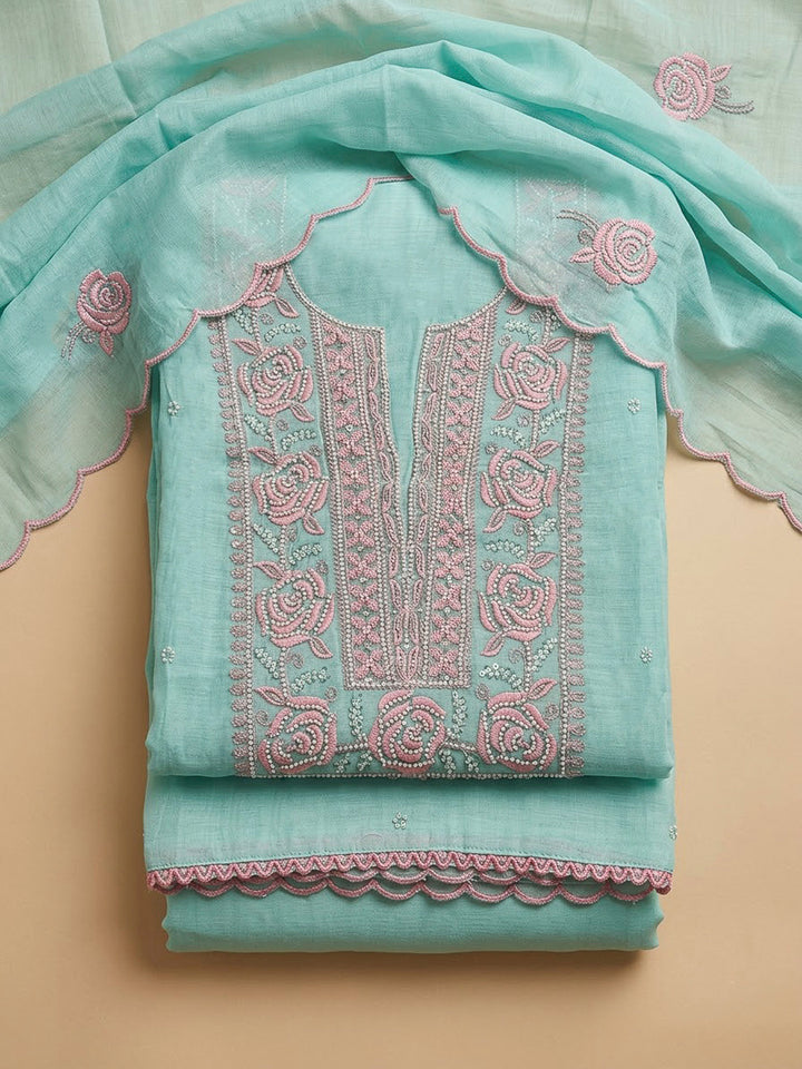 Sea Green Chanderi Embroidered Unstitched Dress Material