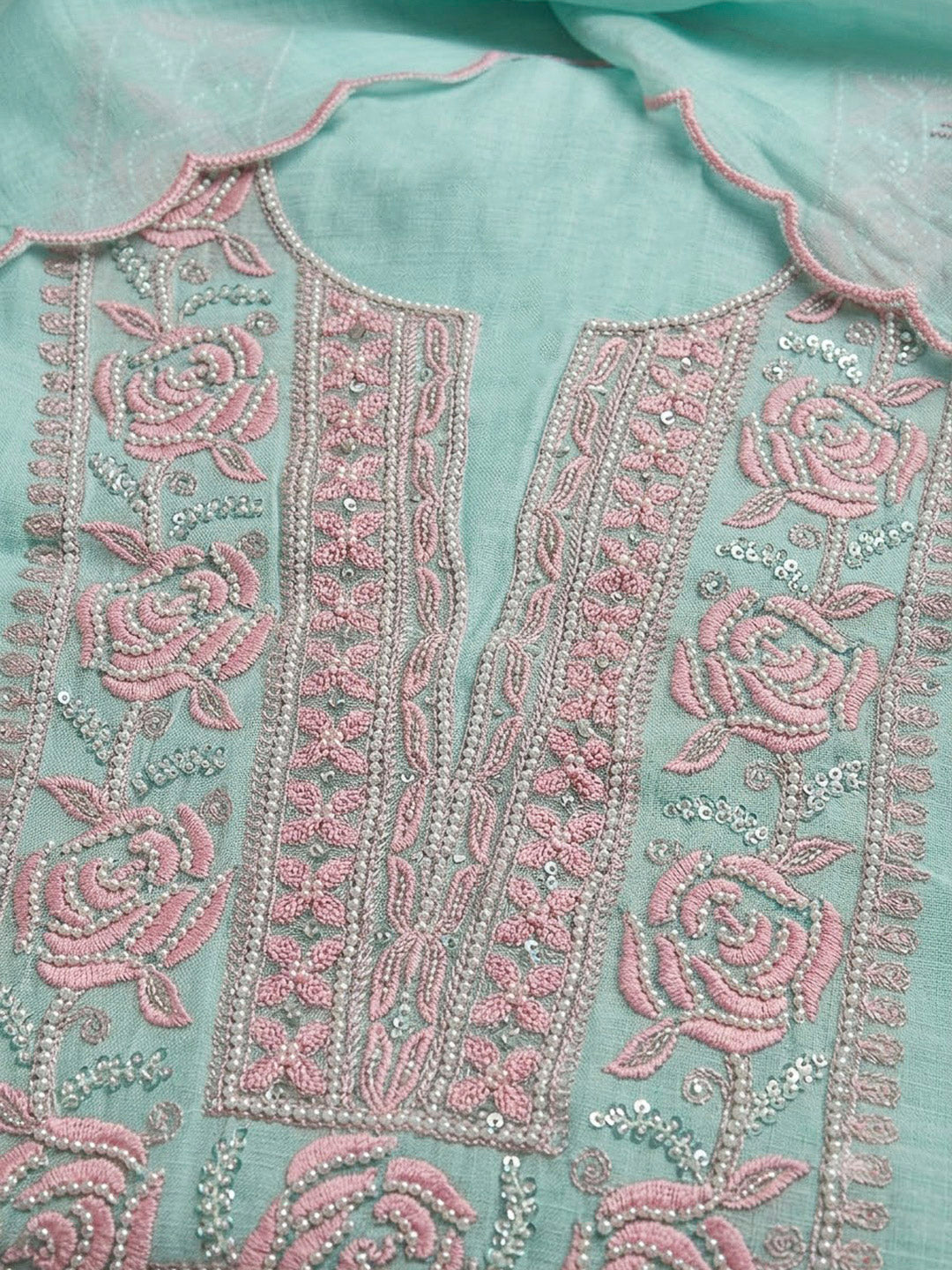 Sea Green Chanderi Embroidered Unstitched Dress Material