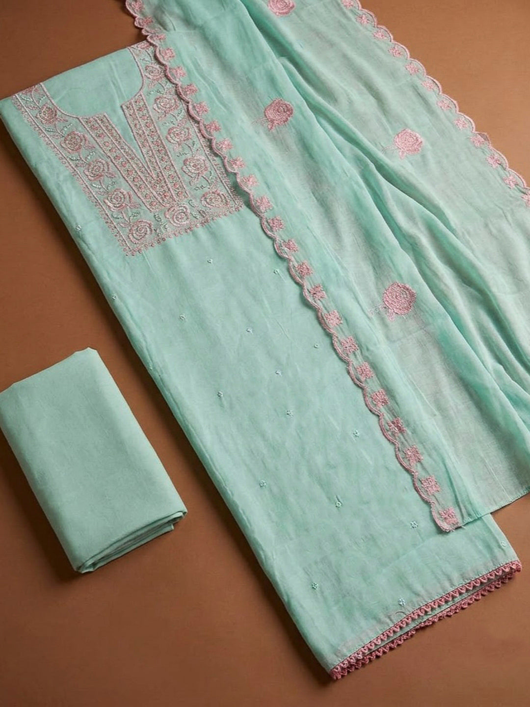 Sea Green Chanderi Embroidered Unstitched Dress Material