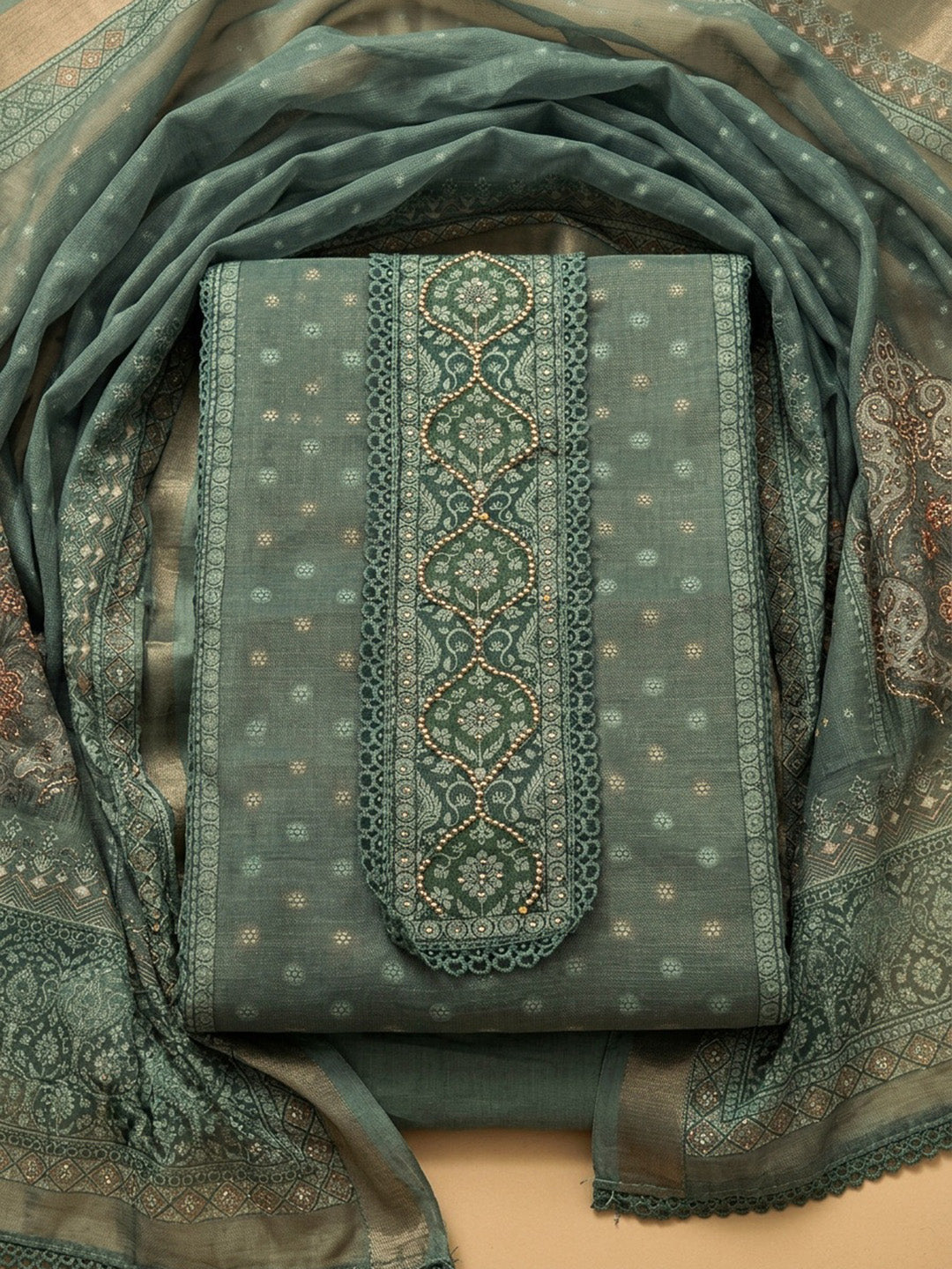 Aqua Green Printed Chanderi Unstitched Dress Material