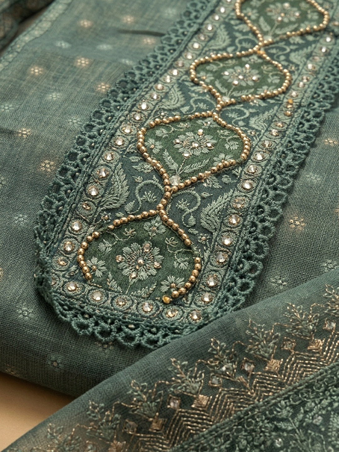 Aqua Green Printed Chanderi Unstitched Dress Material