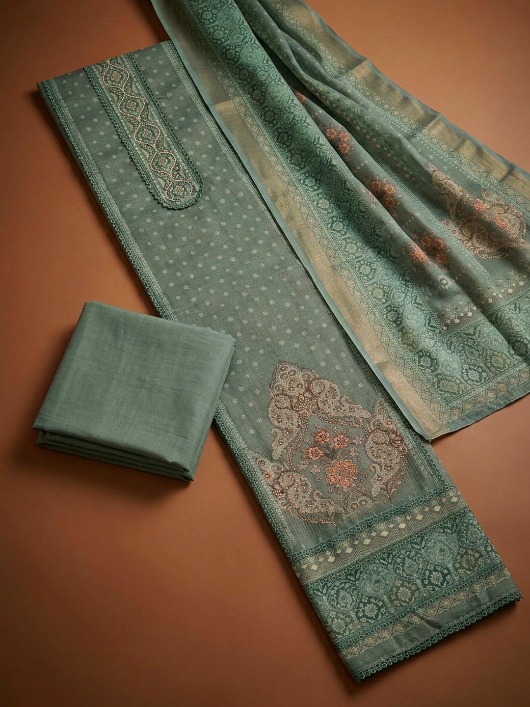 Aqua Green Printed Chanderi Unstitched Dress Material