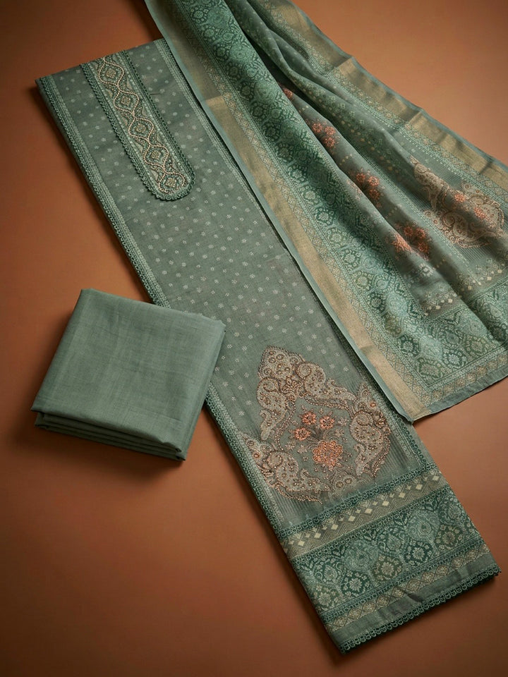 Aqua Green Printed Chanderi Unstitched Dress Material
