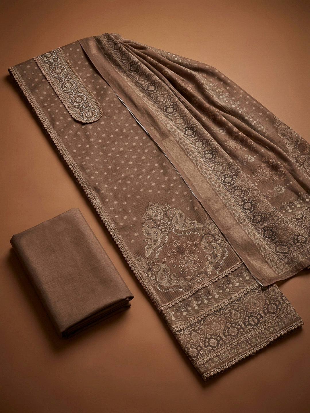 Bronze Chanderi Embroidered Unstitched Dress Material