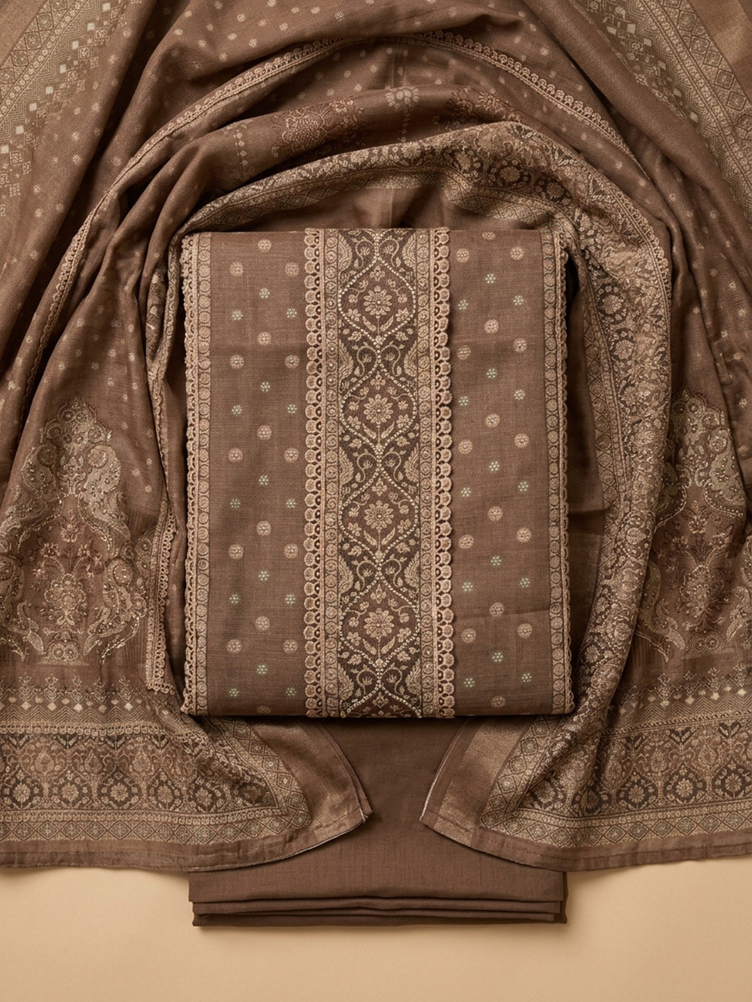 Brown Printed Chanderi Unstitched Dress Material