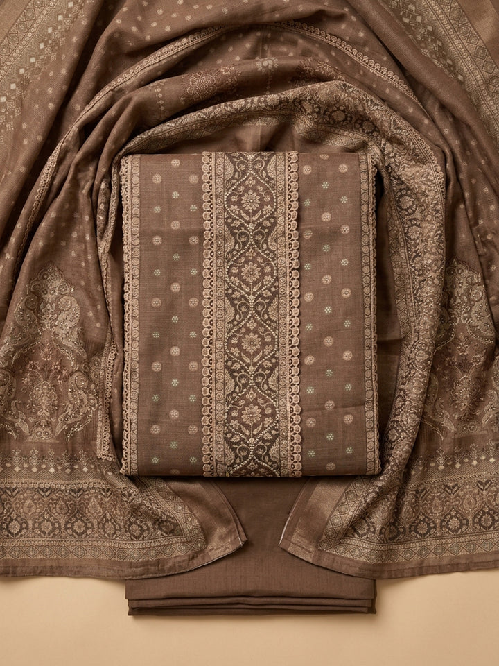 Brown Printed Chanderi Unstitched Dress Material
