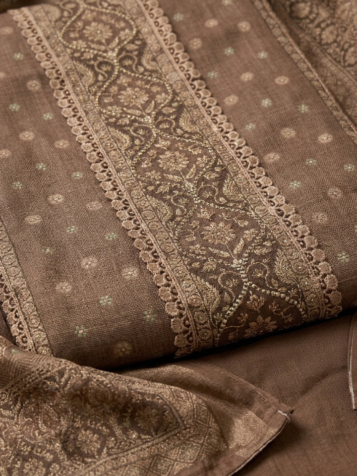 Brown Printed Chanderi Unstitched Dress Material