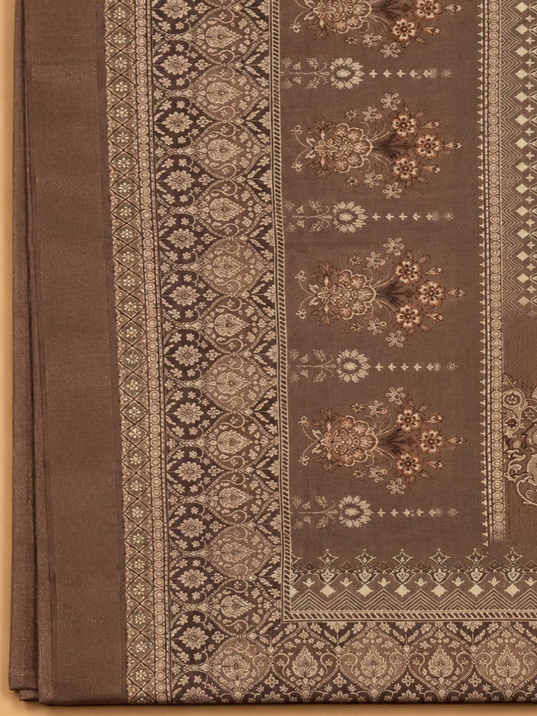 Brown Printed Chanderi Unstitched Dress Material