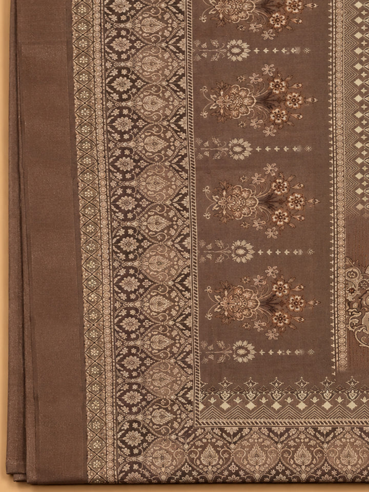 Brown Printed Chanderi Unstitched Dress Material